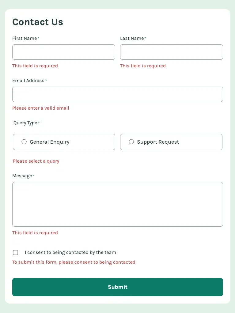 React Contact Form on tablet